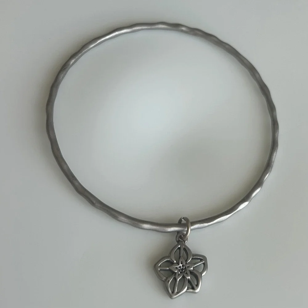 3pc Silver Tone Bangle Bracelet Set Butterfly Cross Flower Charms Textured